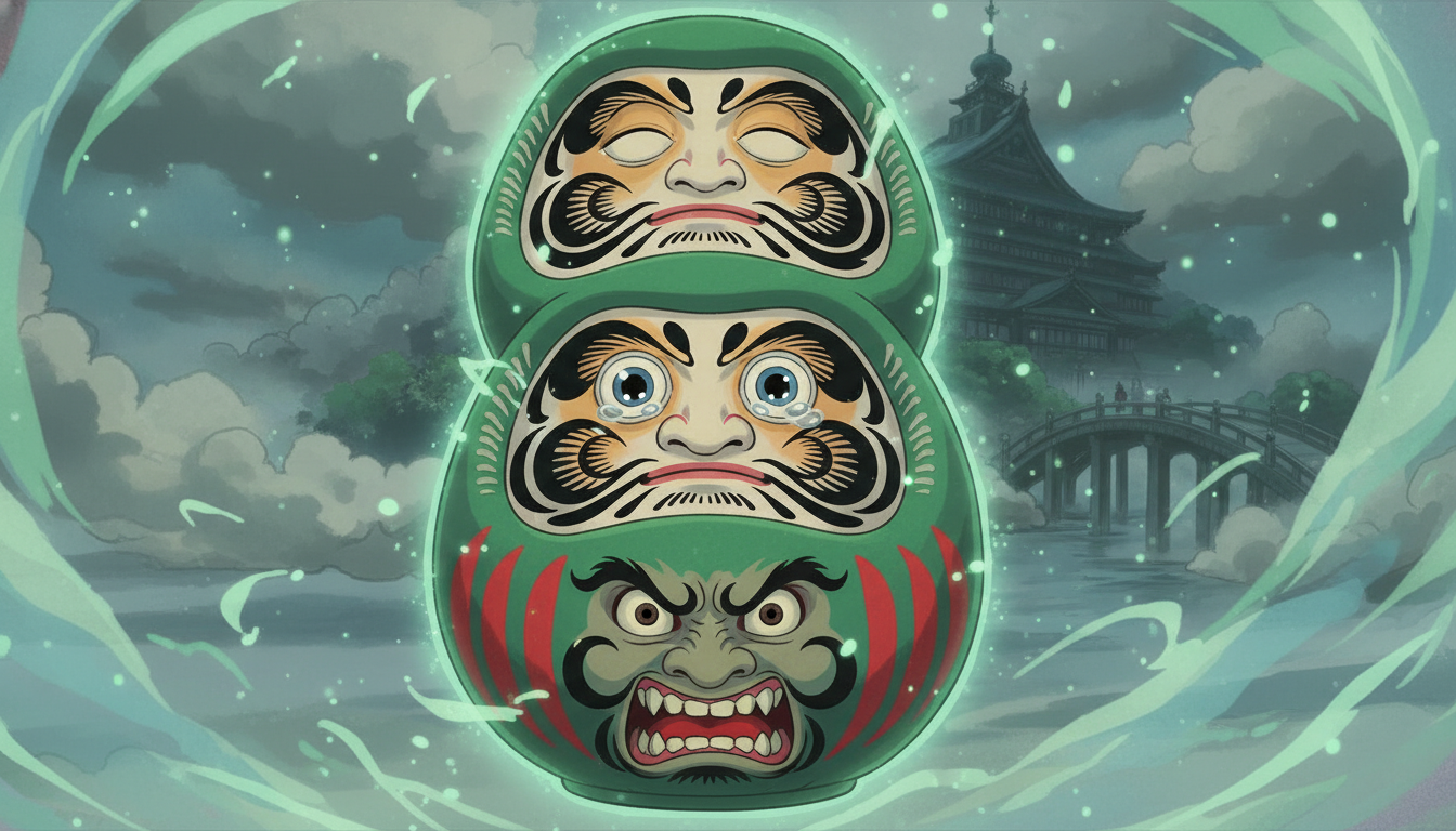 緑のだるまの3つの顔が表現する多面的な感情