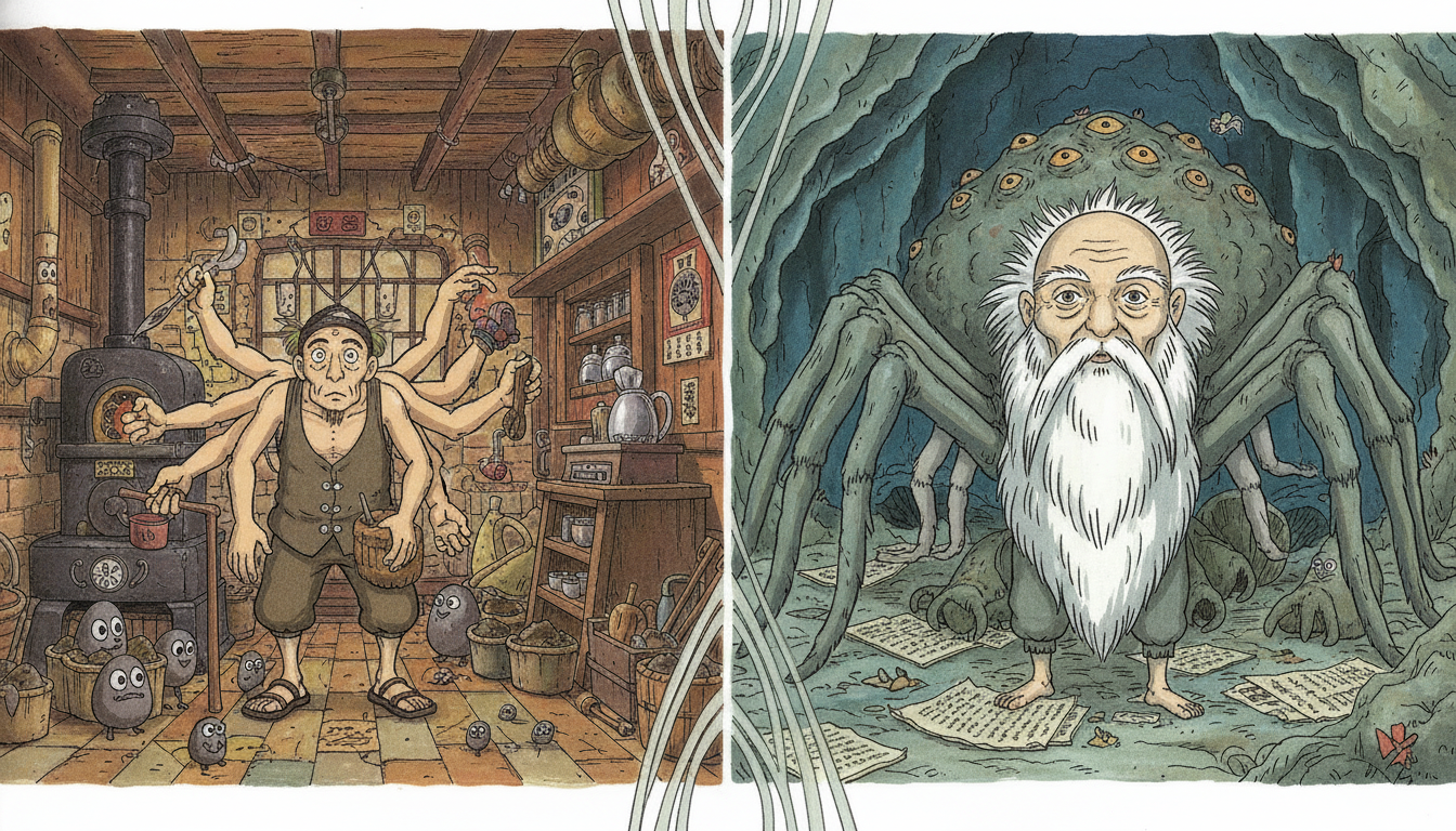 釜爺とくもじいに直接的な関係はない