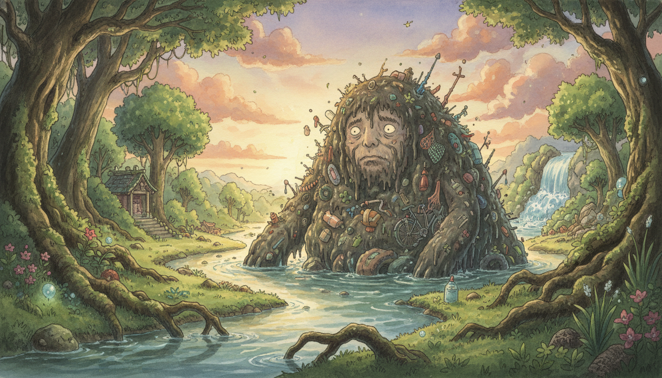 ヘドロまみれになった河の神の背景と意味