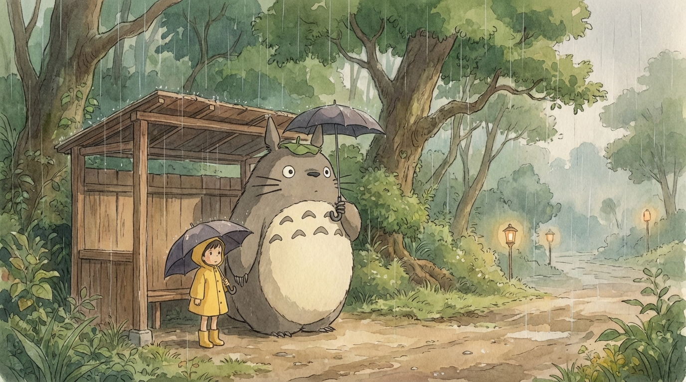 雨のバス停でトトロと出会うシーン