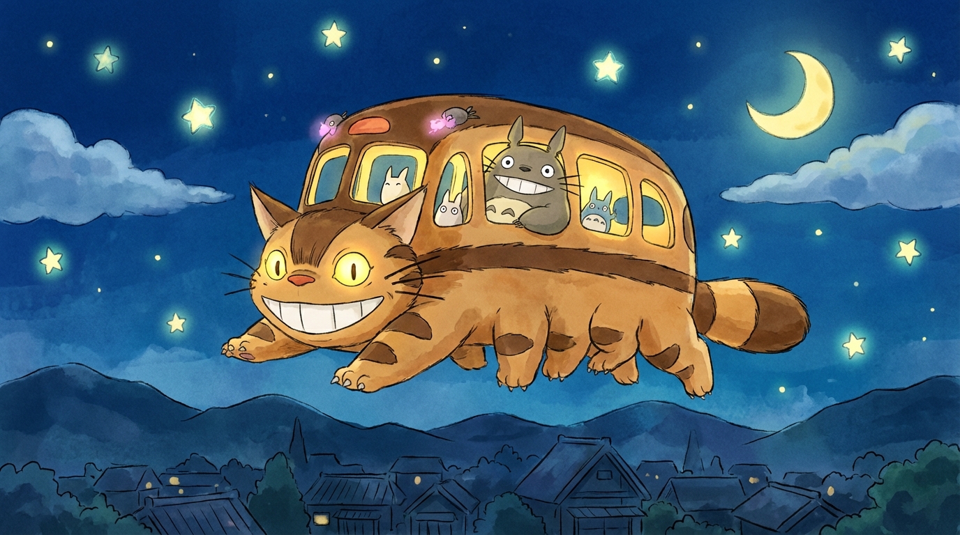 ネコバスで夜空を走るシーン