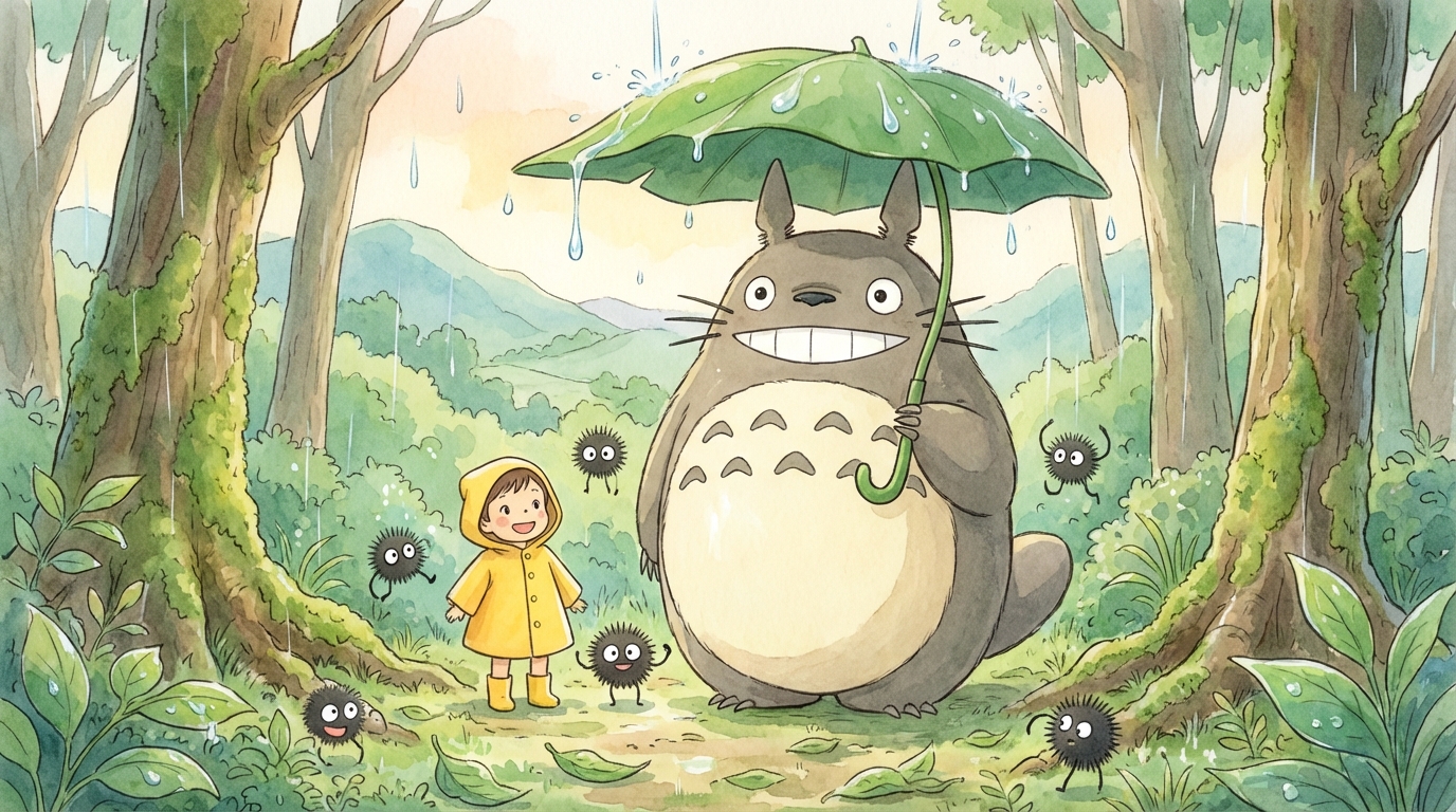 トトロが傘に雨粒を受けて喜ぶ場面